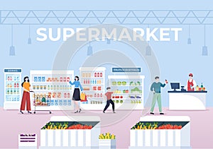 Supermarket with Shelves, Grocery Items and Full Shopping Cart, Retail, Products and Consumers in Flat Cartoon Illustration