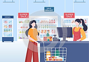 Supermarket with Shelves, Grocery Items and Full Shopping Cart, Retail, Products and Consumers in Flat Cartoon Illustration