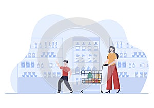 Supermarket with Shelves, Grocery Items and Full Shopping Cart, Retail, Products and Consumers in Flat Cartoon Illustration