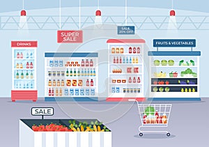 Supermarket with Shelves, Grocery Items and Full Shopping Cart, Retail, Products and Consumers in Flat Cartoon Illustration