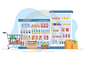 Supermarket with Shelves, Grocery Items and Full Shopping Cart, Retail, Products and Consumers in Flat Cartoon Illustration