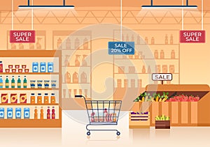 Supermarket with Shelves, Grocery Items and Full Shopping Cart, Retail, Products and Consumers in Flat Cartoon Illustration