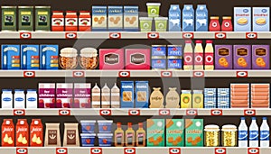 Supermarket, shelves with products and drinks