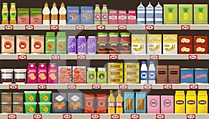 Supermarket, shelves with products and drinks