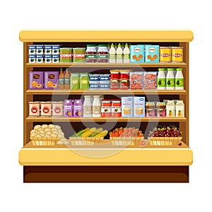 Supermarket, shelves with products and drinks. Store room