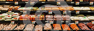 Supermarket shelves with various meat products