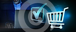 Supermarket shopping cart with approved, confirming, tick 3D illustration