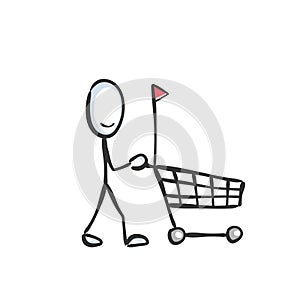 Supermarket shopping cart. Man in a store. Hand drawn. Stickman cartoon. Doodle sketch, Vector graphic illustration