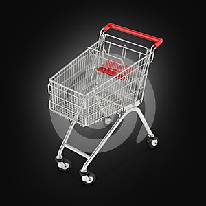 Supermarket shopping cart perspective view on black gradient background 3d