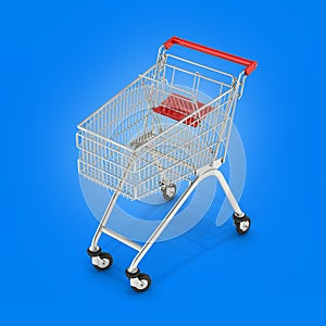 Supermarket shopping cart perspective view on blue gradient background 3d