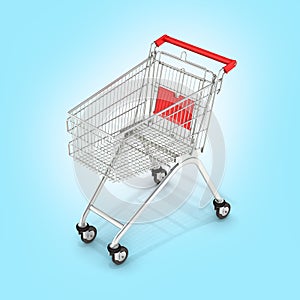 Supermarket shopping cart perspective view on blue gradient background 3d