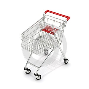 Supermarket shopping cart perspective view on white background 3d