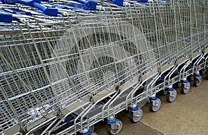 Supermarket shopping carts all stowed away