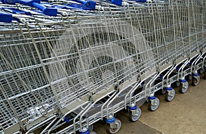 Supermarket shopping carts all stowed away photo
