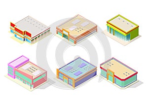 Supermarket or shopping mall building icon set