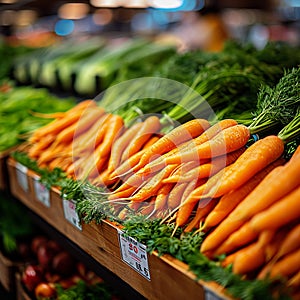 Supermarket showcase vibrant and fresh carrots attractively arranged