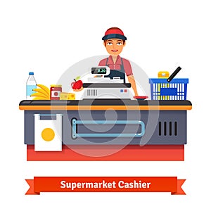 Supermarket store counter desk equipment and clerk photo