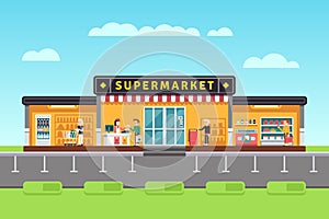 Supermarket, store, hypermarket building with shopping people and seller assistants vector illustration