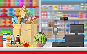 Supermarket store interior with goods.