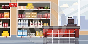 Supermarket or store interior with shelves and goods, groceries, cash desk. Big shopping center. Vector, illustration