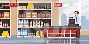 Supermarket or store interior with shelves and goods, groceries, cash desk and cashier. Big shopping center. Vector