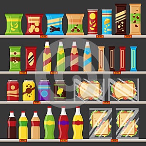 Supermarket, store shelves with groceries products. Fast food snack and drinks with price tags on the racks - flat