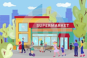 Supermarket store, vector illustration. Flat street with people character near city shop, retail sale at cartoon mall