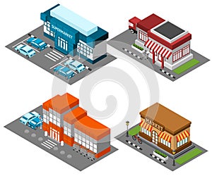 Supermarket stores buildings isometric icons set