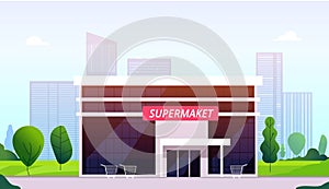 Supermarket street. Hypermarket building front business center shop construction urban store retail supermarket exterior