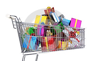 Supermarket trolley full of multicolored gifts.