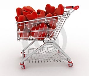 Supermarket trolley full of red hearts