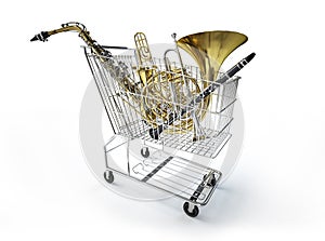 Supermarket trolley full of wind musical instruments.