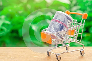 Supermarket trolley on a green background. The concept of shopping online. Place market, commerce, Internet commerce. Ordering goo