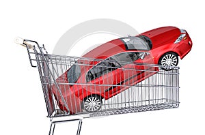 Supermarket trolley with red car inside it.