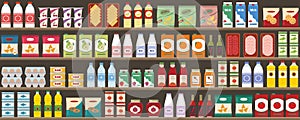 Supermarkets shelves with products and drinks. Seamless pattern. Shopping and food retail concept.