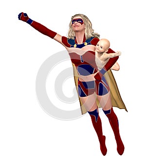 Supermom Flying With Baby Illustration