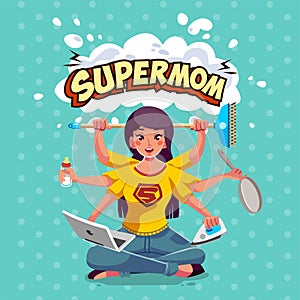 Supermom mother with many arm doing many house  work-multitasking mom banner vector