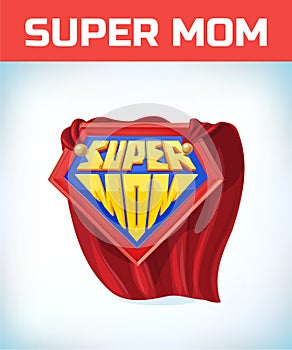 Supermom sign. Super mom. Mother day. Shield isolated on blue background. vector illustration.