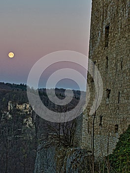 Supermoon above three and a ruin in the forground