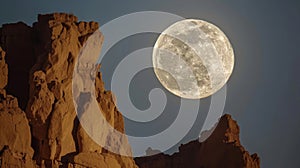 The supermoon rises in magnificence, casting a warm glow on the textured desert cliffs, symbolizing exploration and