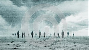 A supernatural concept. A group of blurred lost souls walking along a beach on a moody day.