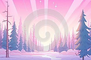 supernatural pink aurora over quiet forest scene