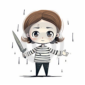 Supernatural Realism: Cartoon Girl With Knife In Rain - Dark, Kawaii, Emotionally Charged