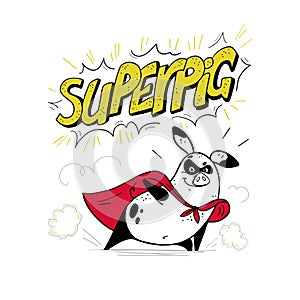 Vector hand drawn illustration with text and funny pig super hero character in red cloak isolated on white background.