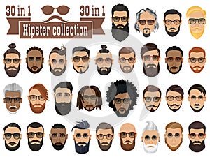 Superset of 30 hipsters bearded men with different hairstyles photo