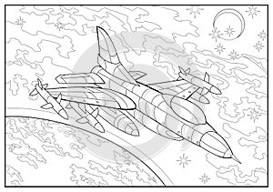 Supersonic aircraft flies high in the sky above earth. Coloring book for children and adults. Image in zen-tangle style. Printable photo