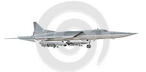 Supersonic missile bomber jet TU-22M3 with missiles isolated on white background. Military fighter aircraft of World war time. photo