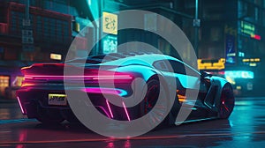 Supersport car parked on the street at cyberpunk city illuminated with neon lights, Generative AI photo