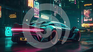 Supersport car parked on the street at cyberpunk city illuminated with neon lights, Generative AI photo