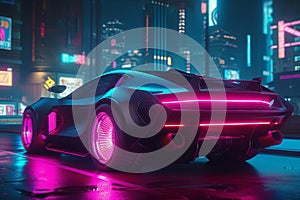 Supersport car parked on the street at cyberpunk city illuminated with neon lights. Postproducted generative AI illustration. photo